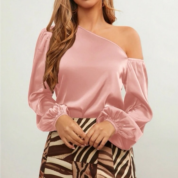 Tops - Luxe Satin Asymmetrical Neck Off One Shoulder Long Sleeve Satin Top Blouse